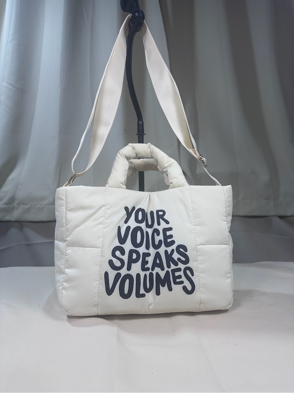White Quilted Tote Bag with Your Voice Speaks Volumes!  Brand new with tags.